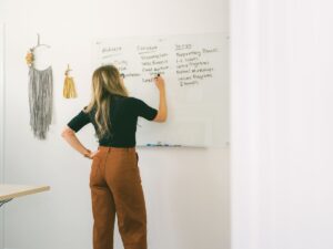 Business Coach Laura Schoenfeld writing on white board image used for blog about revamping a signature program